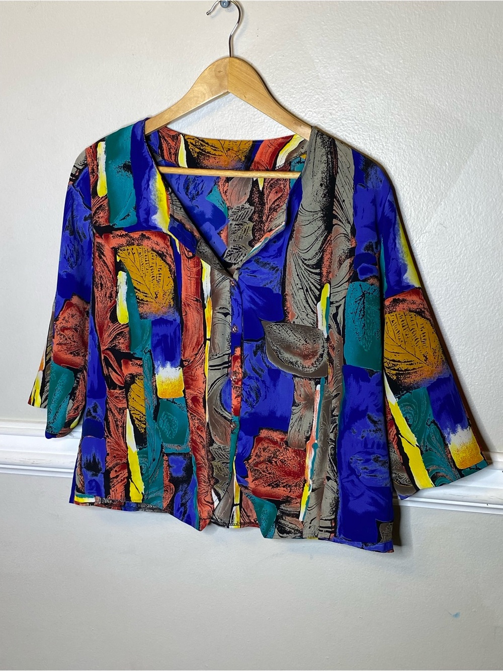 Abstract Print Button-Front Women’s Top in Blue - one missing button on top